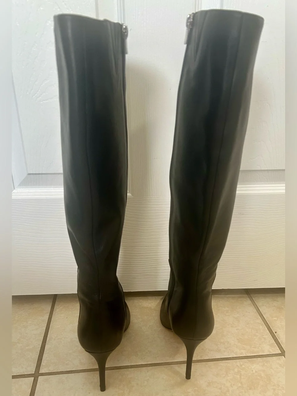 Via Spiga Dacia Almond  Toe Women's Black Leather Stiletto High Boots Size 6